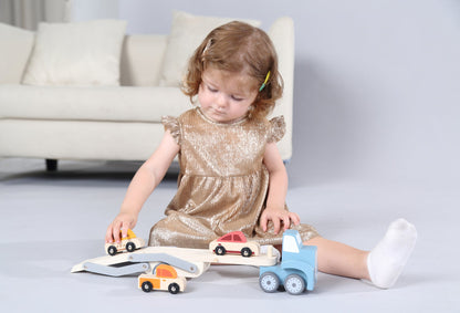 Colorful car carrier toy with smooth wheels for playful kids imaginative play at home.