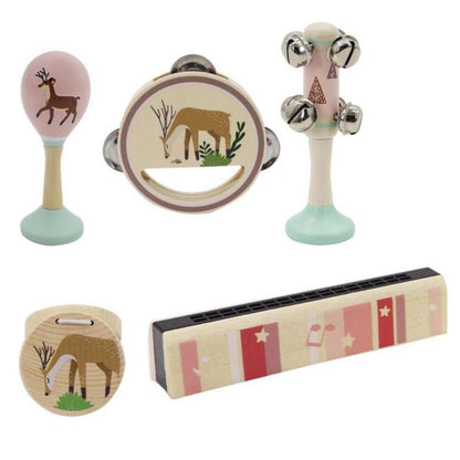 Wooden deer-shaped 5-piece musical set for calming and entertaining children in the home.