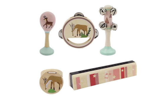 Wooden deer-shaped 5-piece musical set for calming and entertaining children in the home.