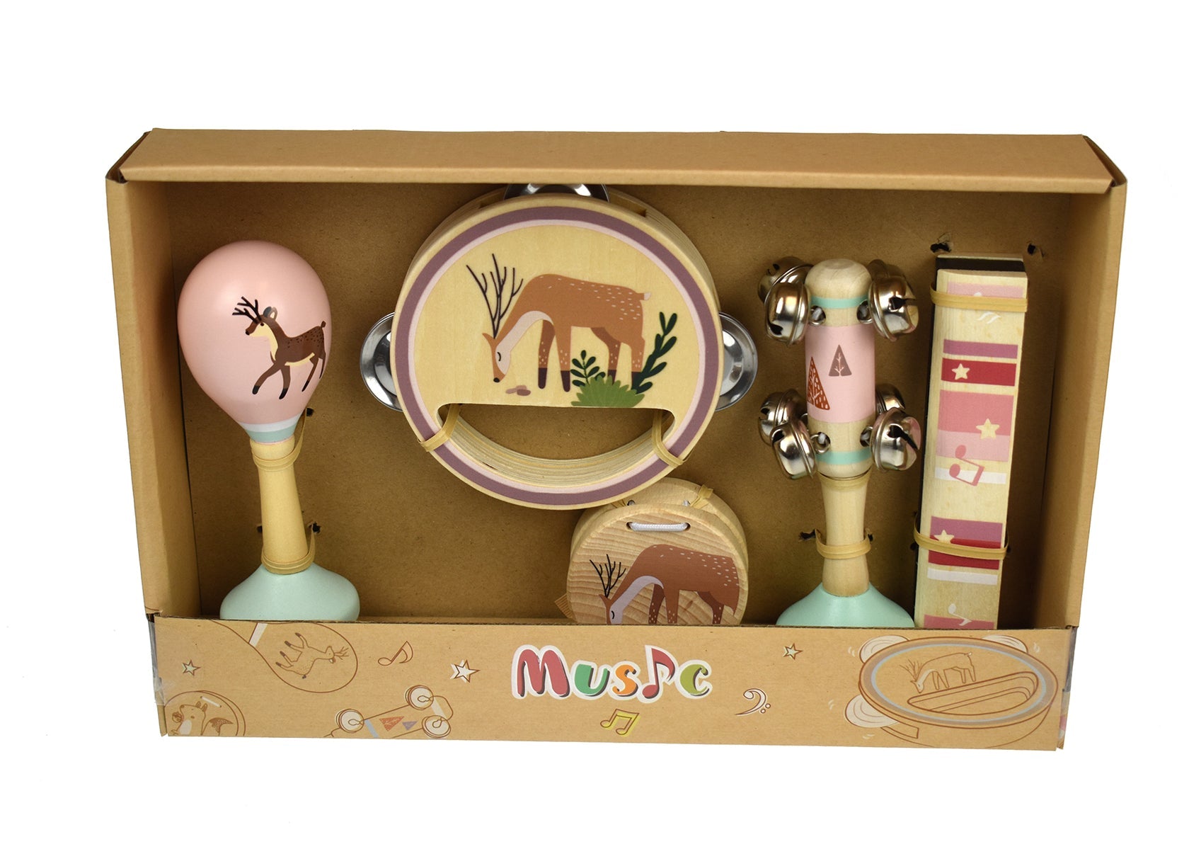 Wooden deer musical set for kids imaginations, promoting creativity and play at home.