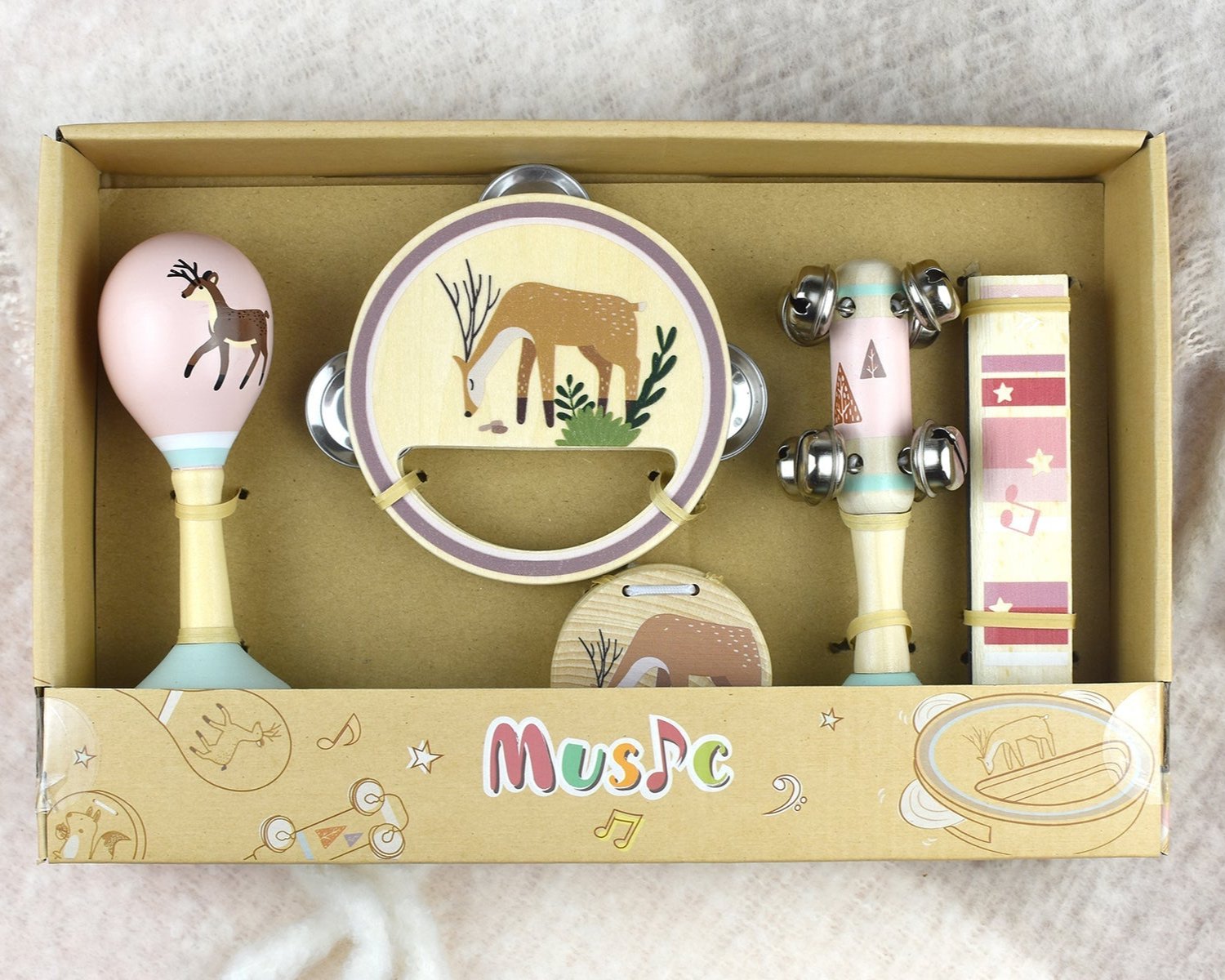 Wooden 5-piece musical set featuring calm deer design for imaginative play at home.