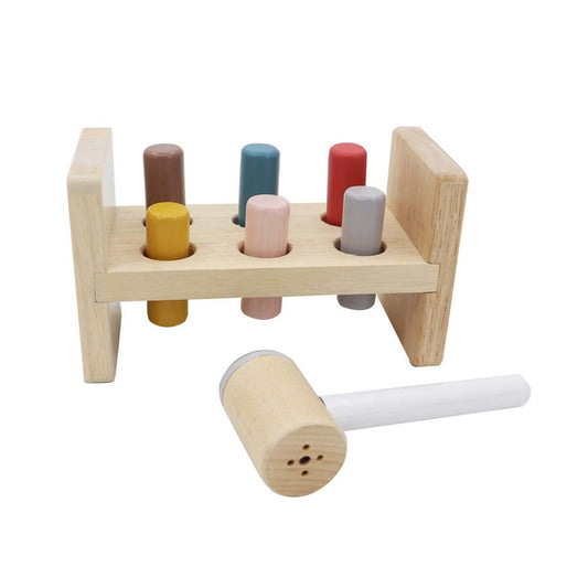 Colorful hammer bench with squeaky sound for childrens play, promoting motor skills and coordination.