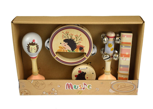 Wooden 5Pcs Musical Set featuring a Calm and Breezy Hedgehog design for kids playtime.