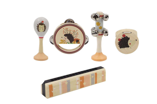 Wooden 5-piece musical set featuring a hedgehog design, ideal for childrens creative play at home.