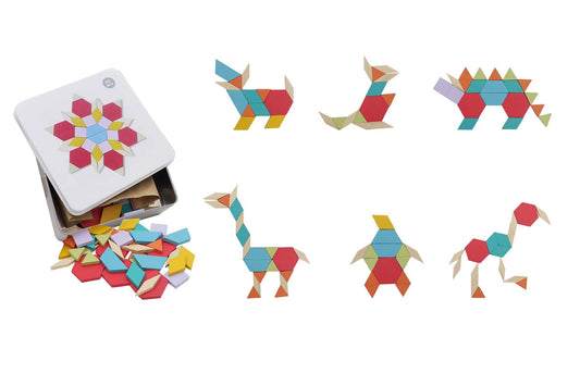 Kaper Kidz Pattern Blocks Set with 52 wooden pieces for creative play at home