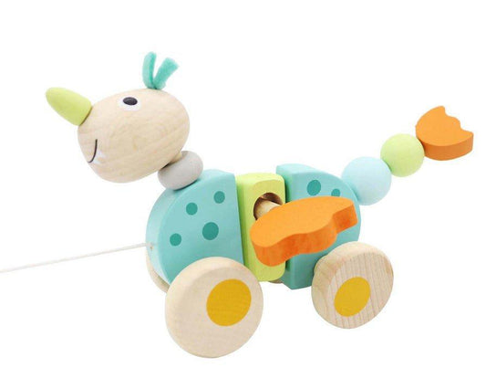 Pull along dragon toy for kids, promoting imaginative play and movement at home.