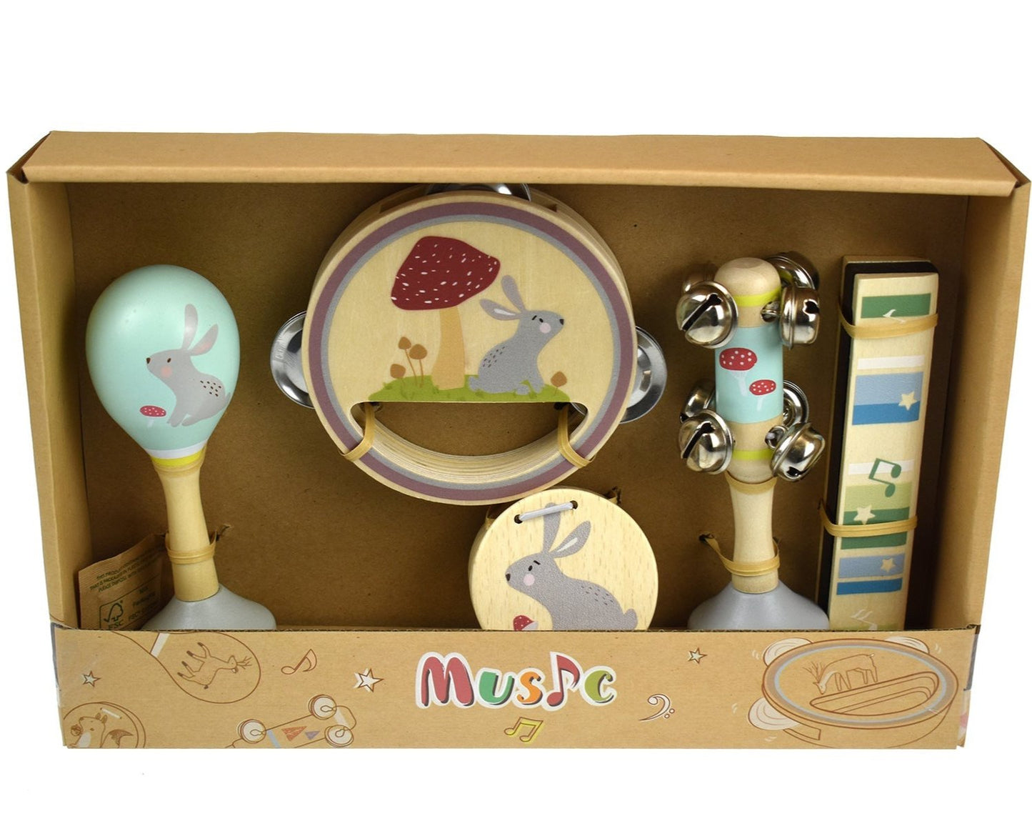 Wooden rabbit-themed musical set for kids, promoting calmness and creativity with 5 instruments.