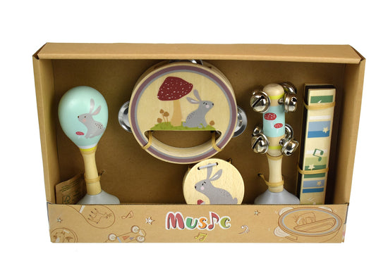 Wooden rabbit-themed musical set for kids, promoting calmness and creativity with 5 instruments.