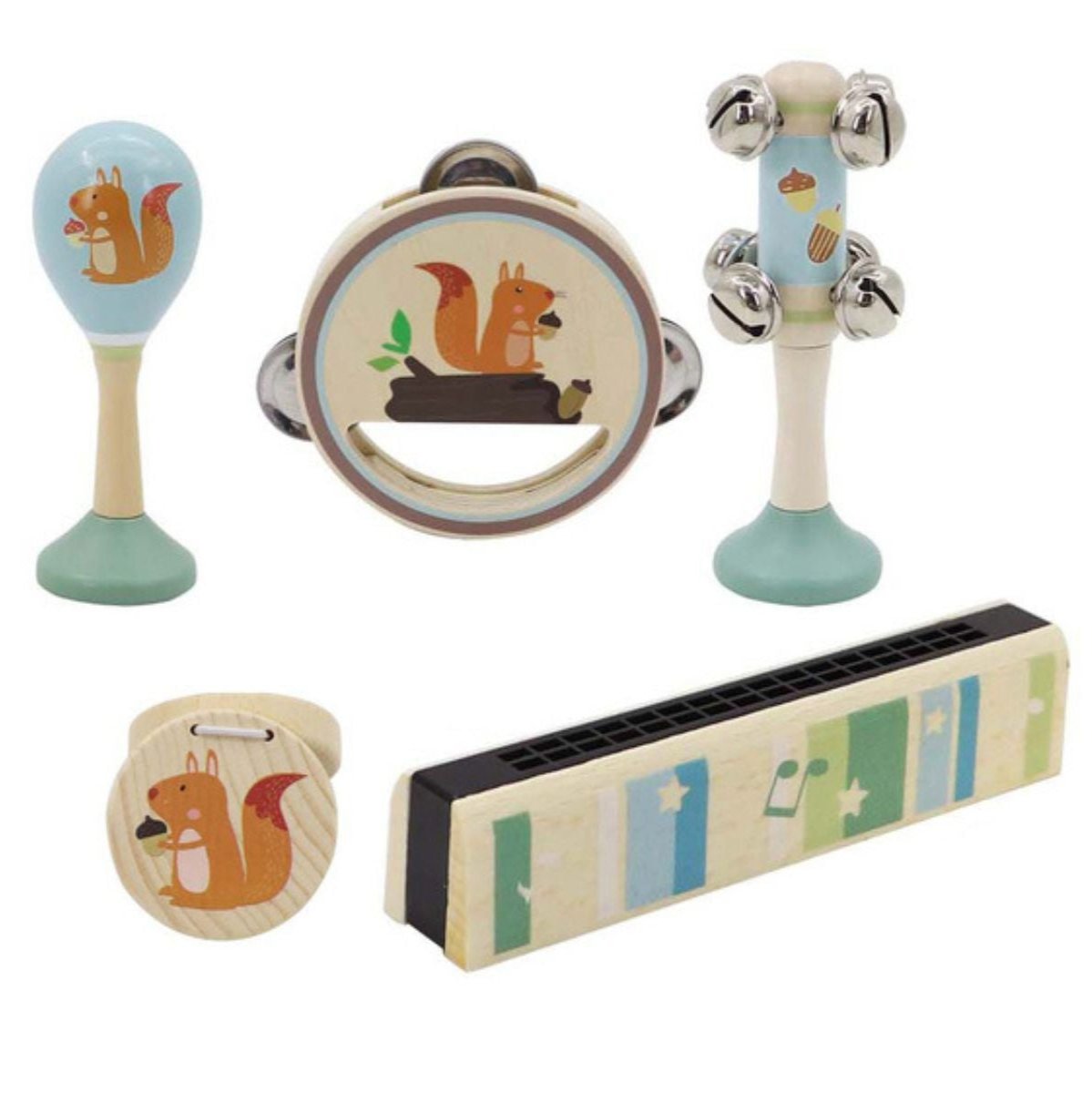 Whimsical 5-piece rabbit wooden musical set, perfect for fostering creativity and joy in kids.