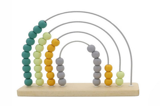 Colorful rainbow abacus with soothing olive hues for educational fun in kids playrooms.