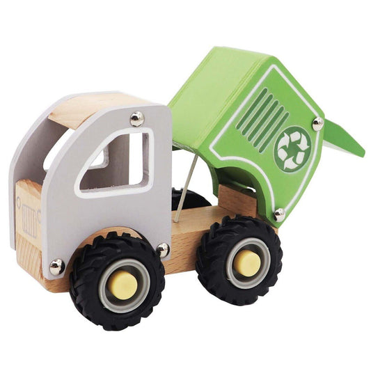 Kids blue and green recycle truck toy for imaginative play at home.