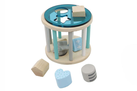 Blue rolling shape sorter for kids - educational and fun sorting toy for home play.