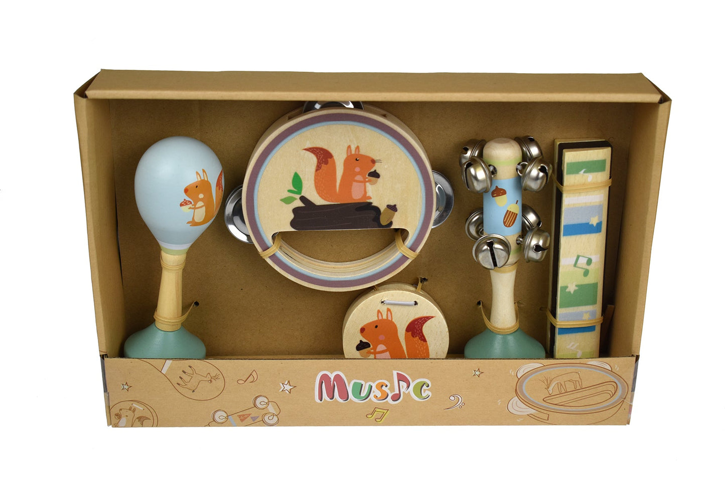 Wooden 5-piece musical set featuring calming squirrel design for childrens play at home.