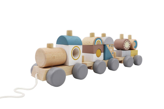 Colorful stacking block train toy promotes motor skills and creativity for kids at home.