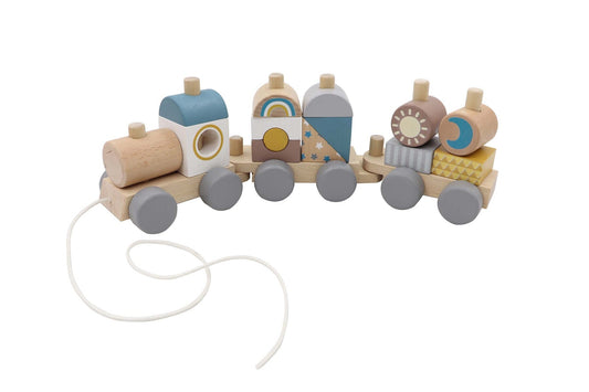 Colorful stacking block train toy for kids, promoting motor skills and creative play at home.