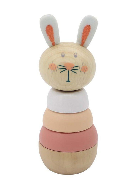 Stacking rabbit toy with calming colors for imaginative play in a childs living space.