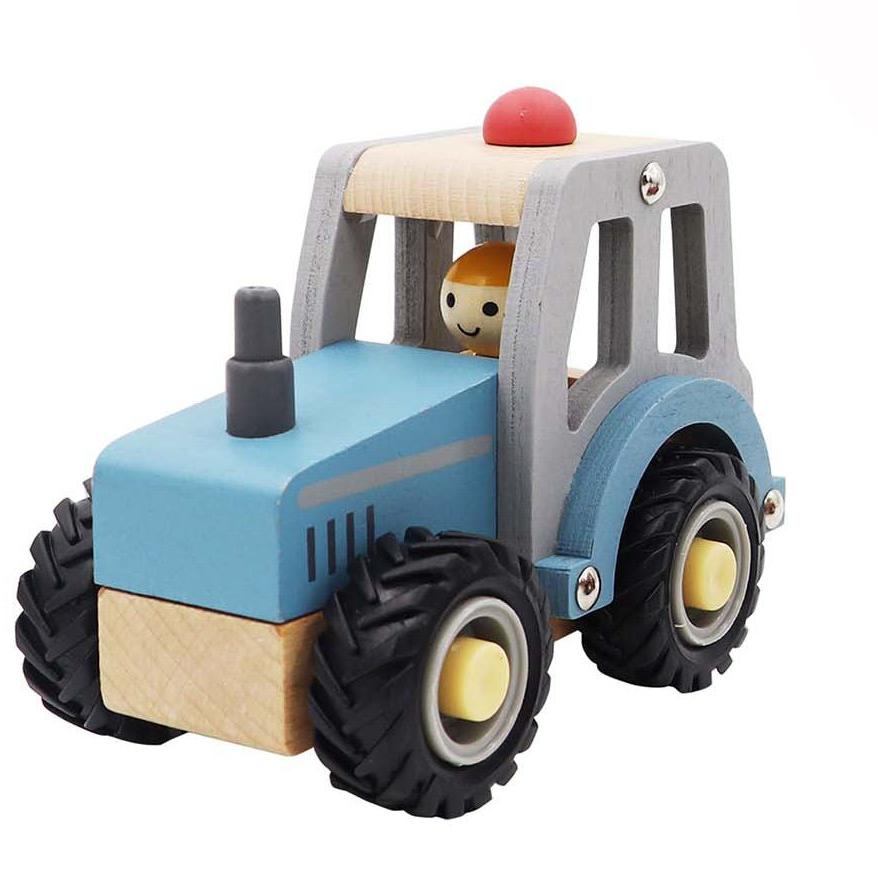 Blue rubber-wheeled toy tractor designed for calm and breezy playtime at home for kids.