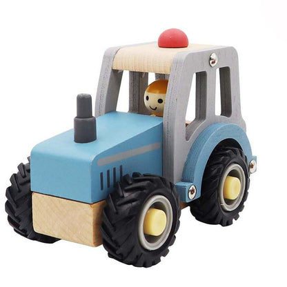 Blue rubber-wheeled toy tractor designed for calm and breezy playtime at home for kids.