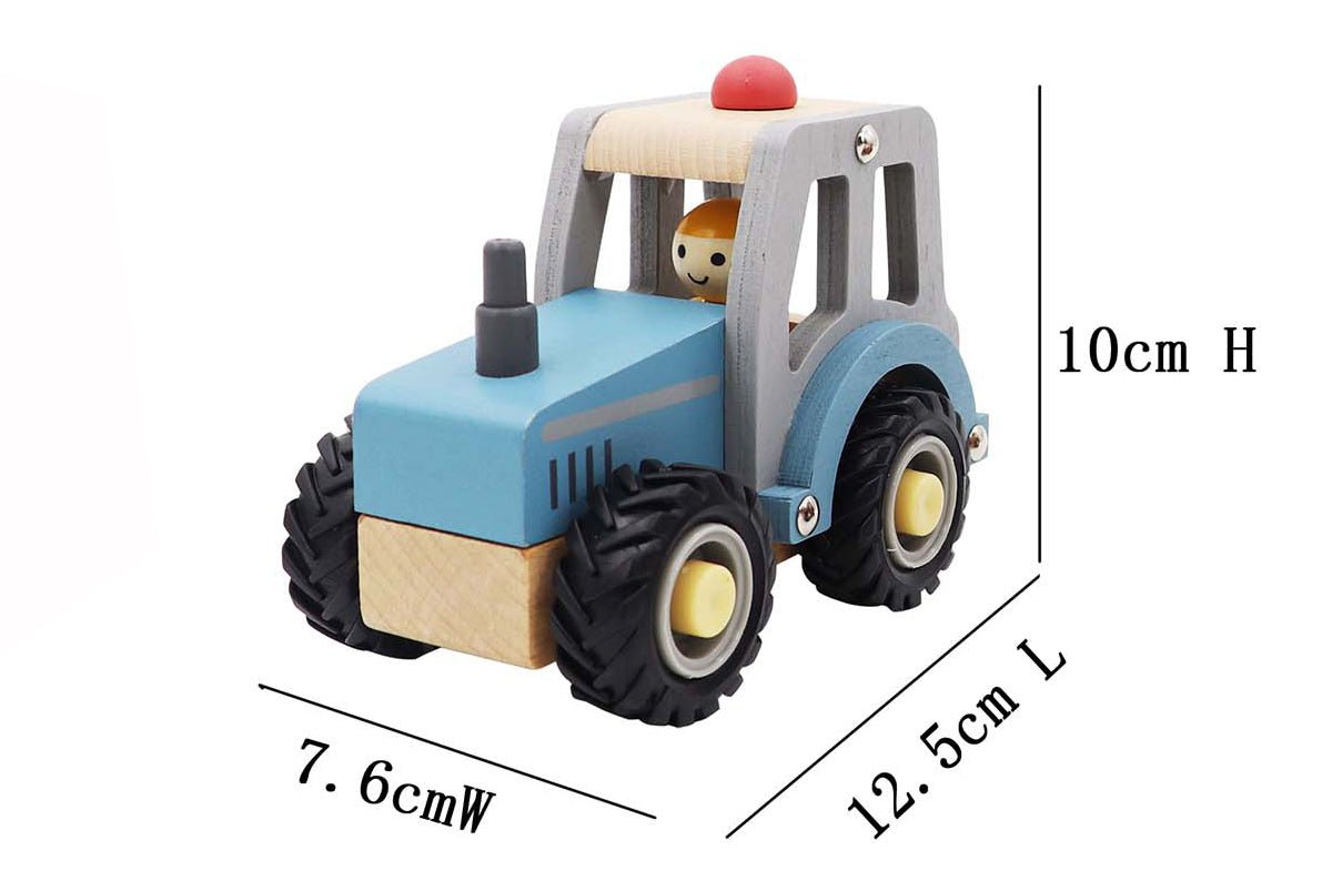 Blue rubber-wheeled tractor toy for calm playtime; perfect for kids imaginative home adventures.