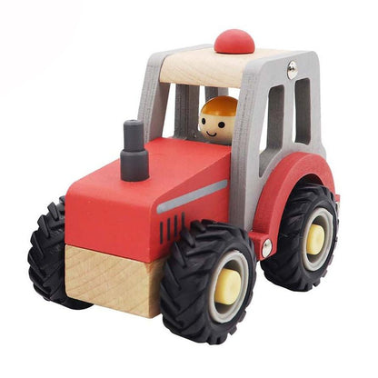 Red tractor toy with rubber wheels for smooth indoor play, perfect for imaginative adventures.