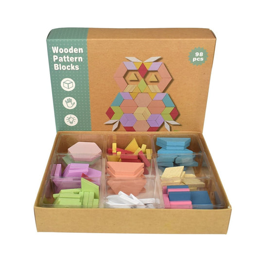 Wooden pattern blocks for childrens play with calming and breezy design.