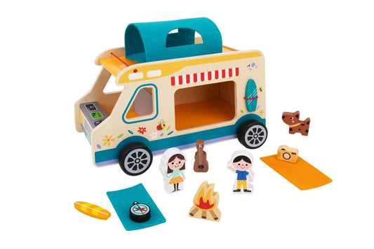 Colorful camping RV caravan playset for imaginative play, perfect for kids indoor adventures.