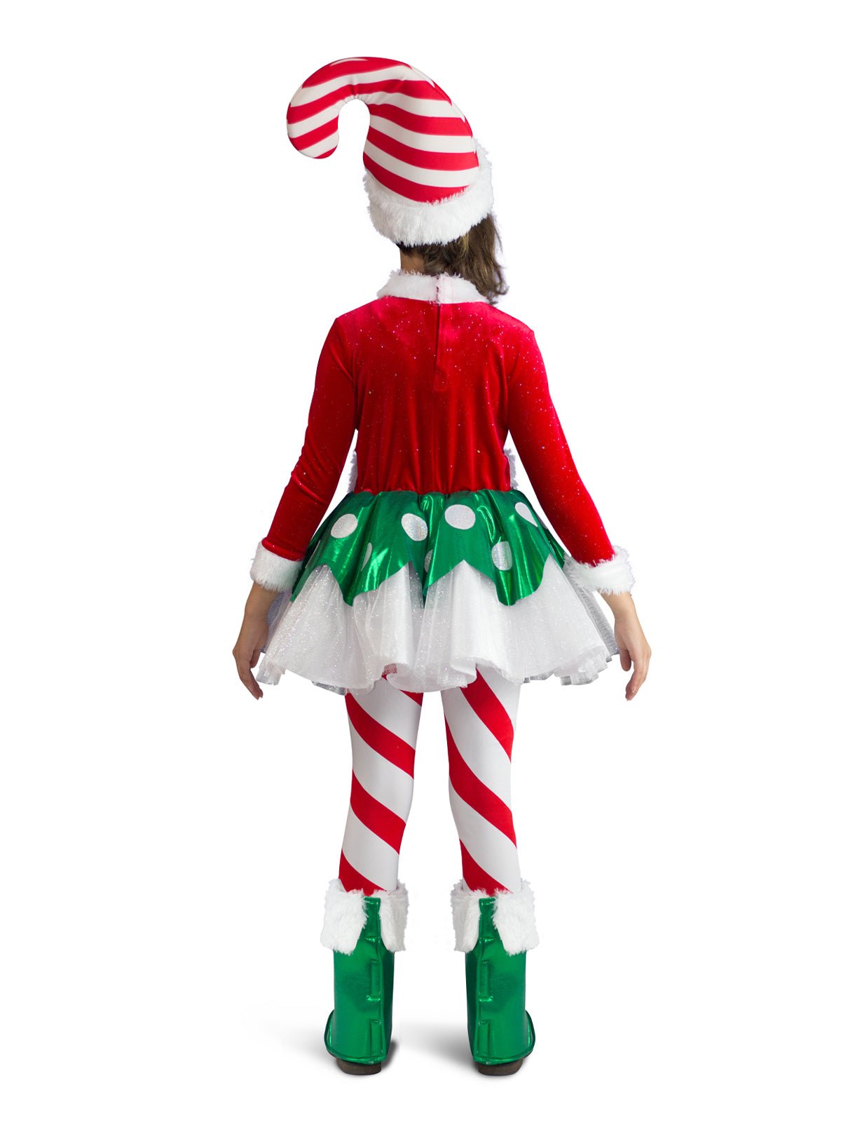 Whimsical Candy Cane Elf Princess Costume for Kids with Tutu, perfect for dress-up play.