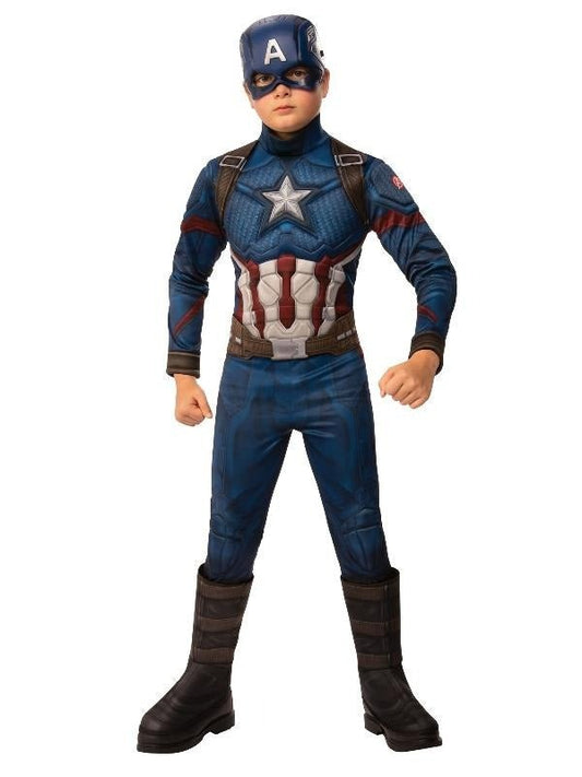 Captain America kids costume with mask for playtime fun at home. Marvel-themed superhero outfit.