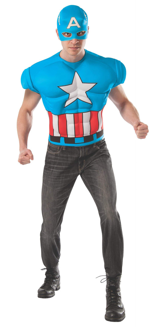 Captain America costume with muscle shirt and mask for kids imaginative play at home.