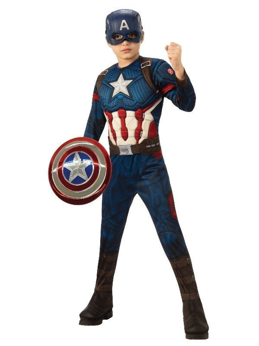 Marvel Captain America kids costume with shield - ideal for superhero dress-up play at home.