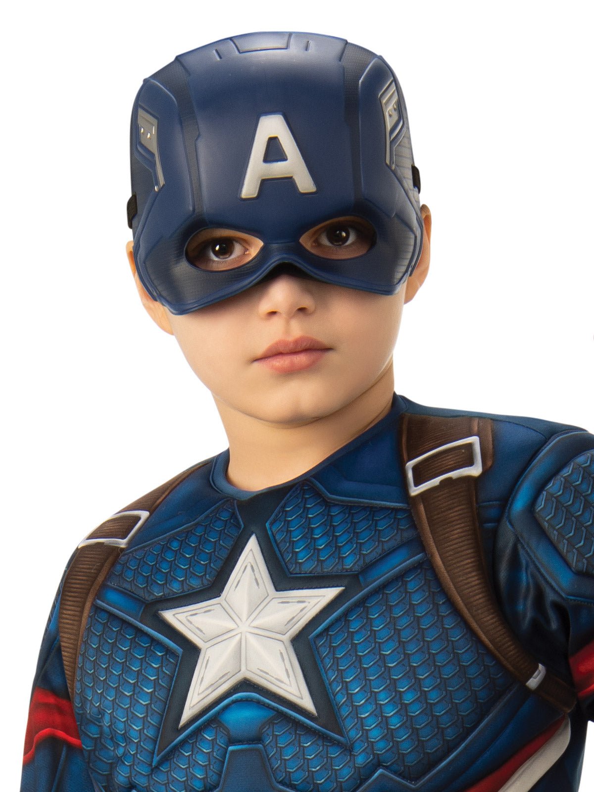 Kids Captain America costume with shield, perfect for playtime and costume parties at home.