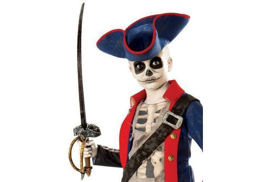 Skeleton pirate costume for kids with Captain Bones detail, perfect for Halloween dress-up fun.