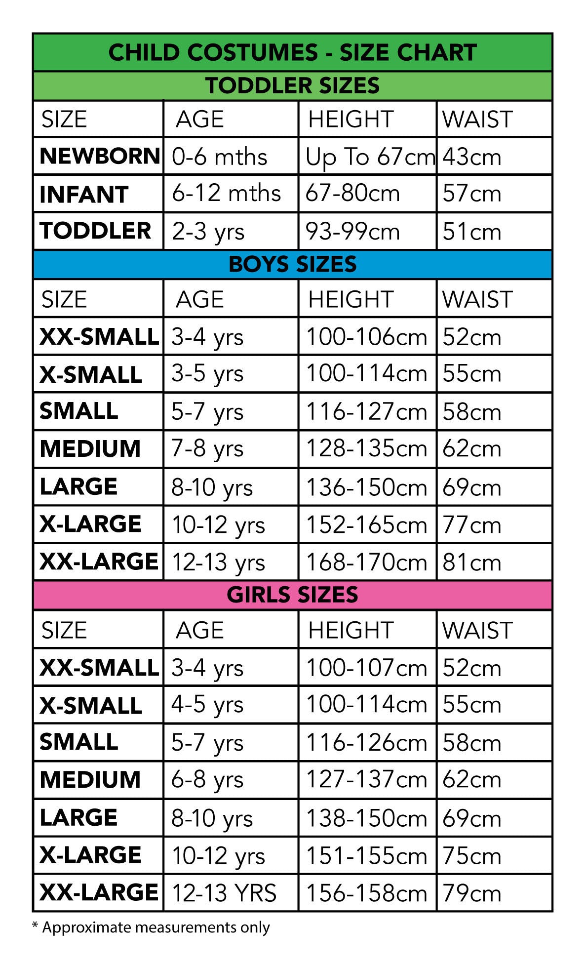 size chart Girls Captain Marvel Galactic Dress