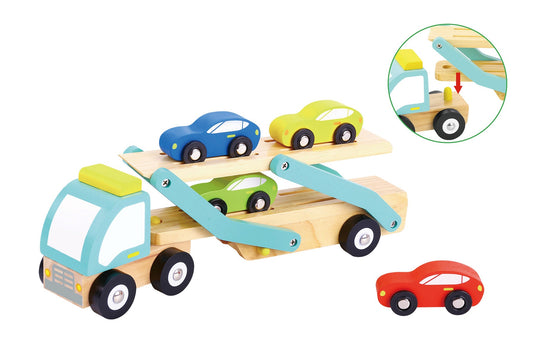 Colorful toy car carrier truck for kids, complete with detachable ramp for endless fun at home.