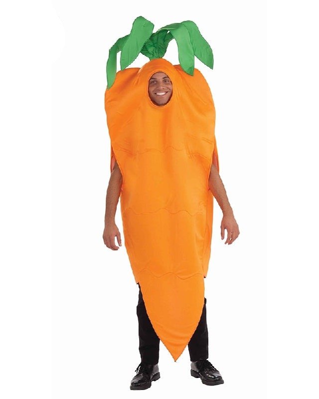 Childs fun orange foam carrot costume with green stem for playful dress-up at home.