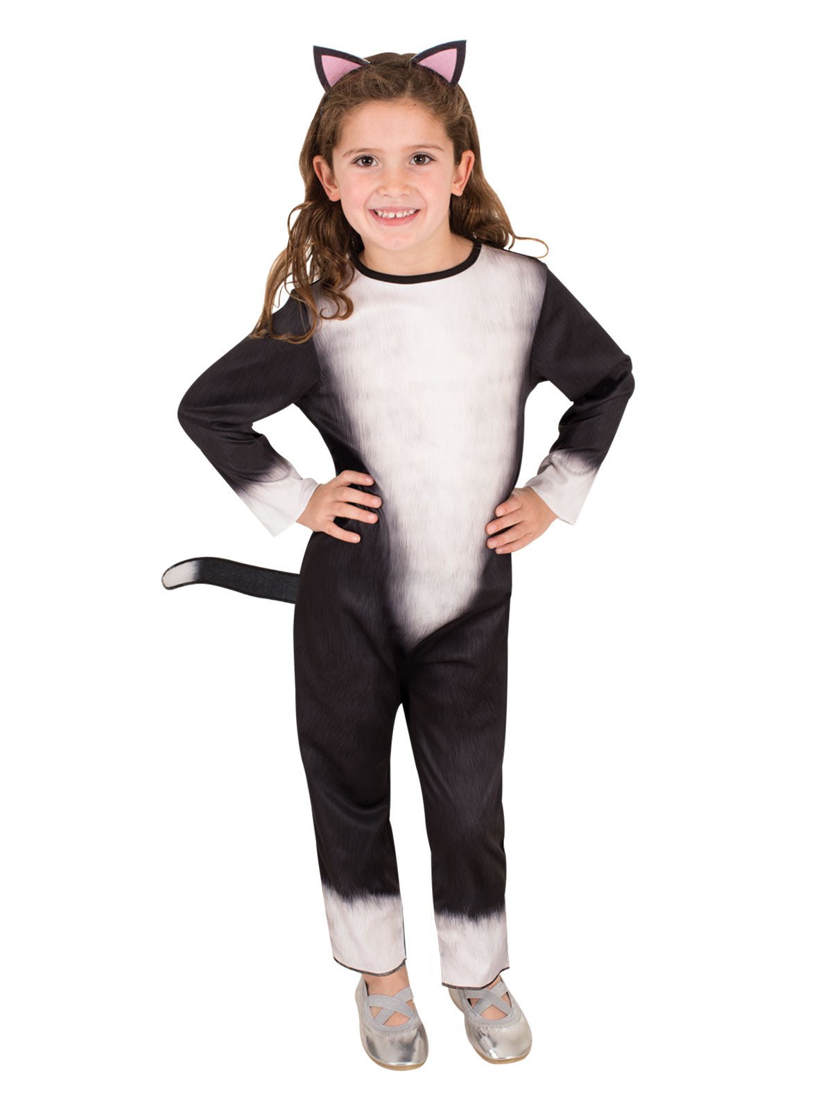 Child wearing Cat Costume with printed fur, tail, and ears, ready for playful adventures