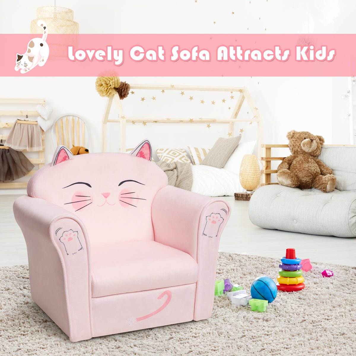 Cat Pattern Kids Armchair: Cozy Wooden Frame Seating for Baby