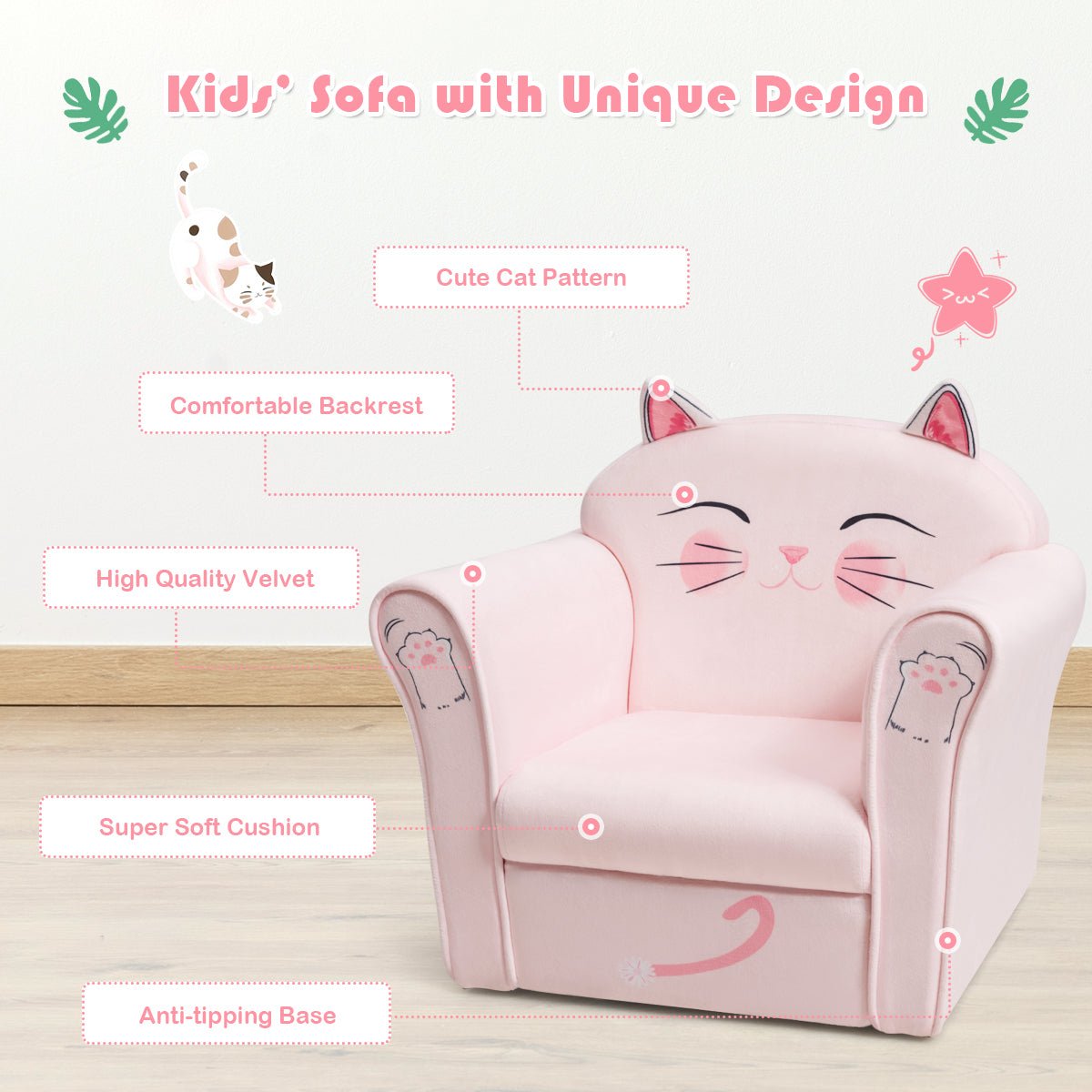 Children's Cat Pattern Chair: Wooden Frame Comfort in Baby's Room