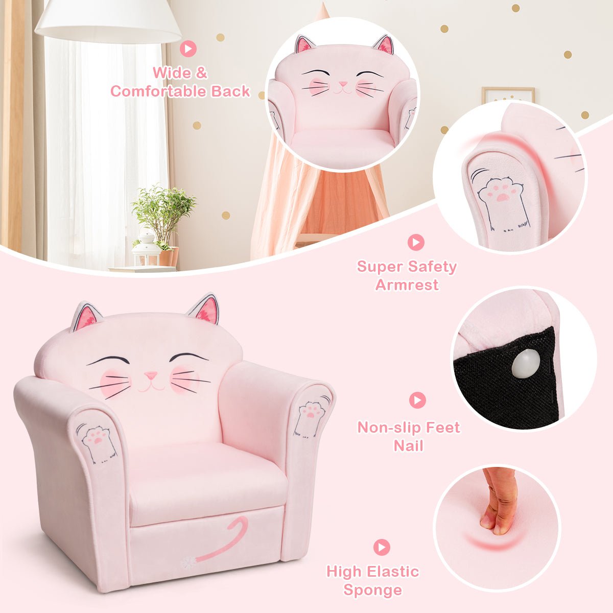 Cat Pattern Kids Armchair: Wooden Frame Comfort for Baby's Nursery