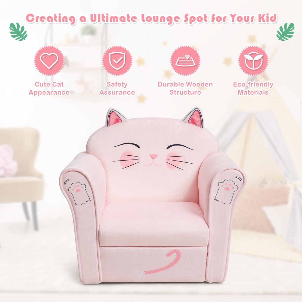 Kids Armchair with Wooden Frame: Cat Pattern Comfort for Baby's Room