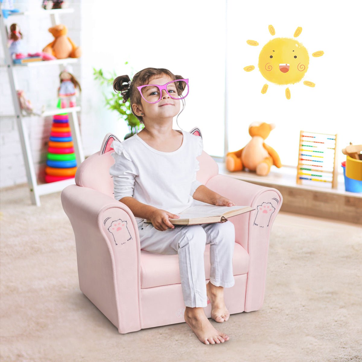 Cat Pattern Kids Armchair: Wooden Frame Comfort for Baby's Room