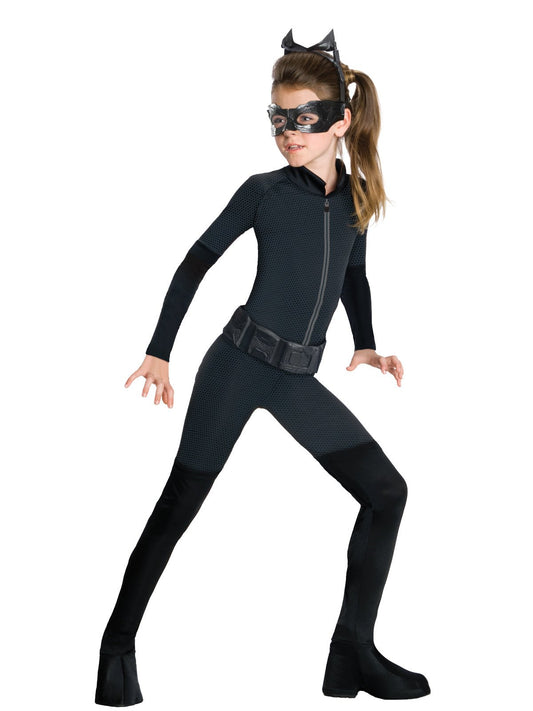 Kids Catwoman superhero costume with mask, ideal for imaginative play at home.