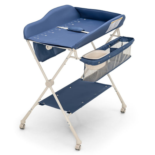 Blue Foldable Changing Table - Height Adjustable with Lockable Wheels