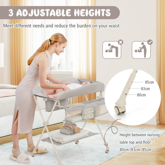 Foldable Diaper Changing Table - Height Adjustable with Lockable Wheels