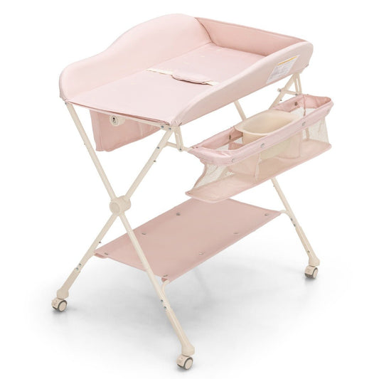 Pink Foldable Changing Table - Height Adjustable with Lockable Wheels