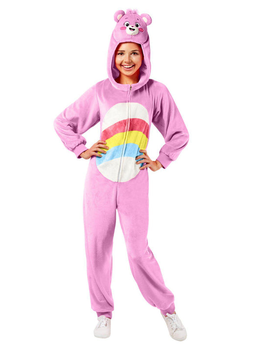 Cheer Bear Care Bears adult costume jumpsuit, officially licensed for playful home activities.