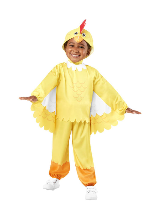 Adorable toddler chicken Halloween costume with detachable wings for creative home playtime.