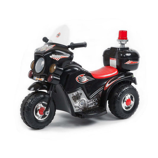 Black electric ride-on motorcycle for children, rechargeable with up to 1 hour runtime.