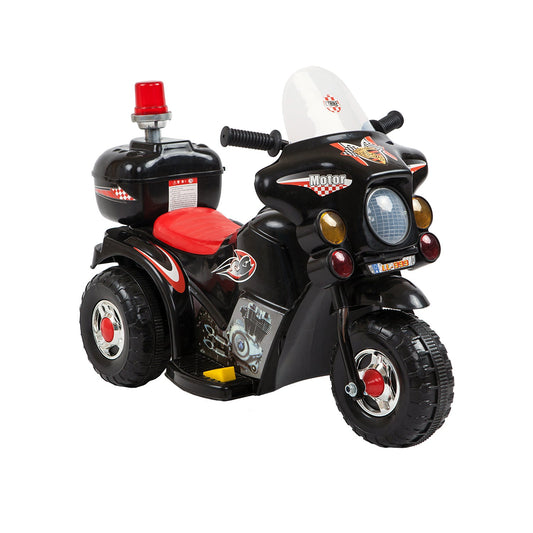 Black rechargeable childrens electric ride-on motorcycle provides up to 1hr of playtime fun.