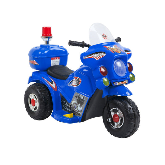 Blue rechargeable ride-on motorcycle for kids, offers up to 1 hour playtime.